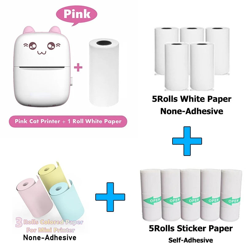 Mini Sticker Printer Portable Mini Pocket Printer for Printer with 13 Roll Papers for Notes, Photos, Stickers, Labels, Receipts