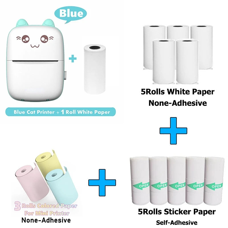 Mini Sticker Printer Portable Mini Pocket Printer for Printer with 13 Roll Papers for Notes, Photos, Stickers, Labels, Receipts