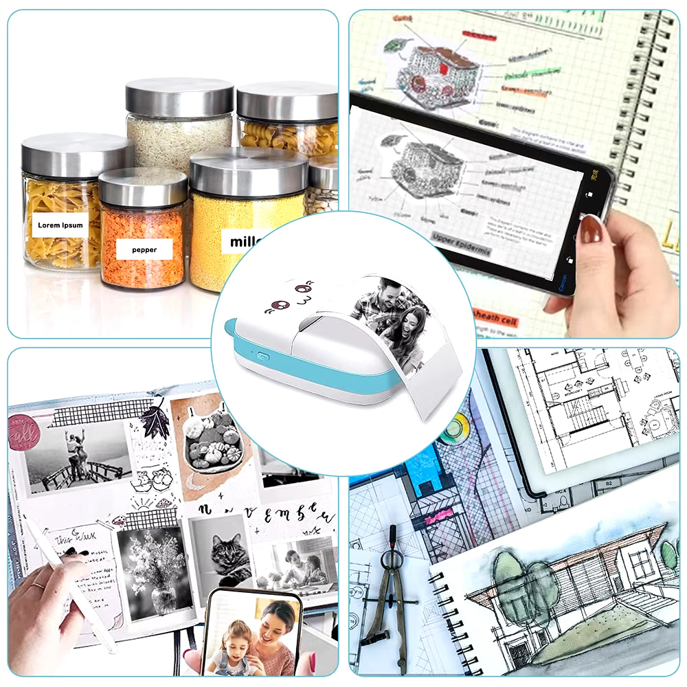 Mini Sticker Printer Portable Mini Pocket Printer for Printer with 13 Roll Papers for Notes, Photos, Stickers, Labels, Receipts
