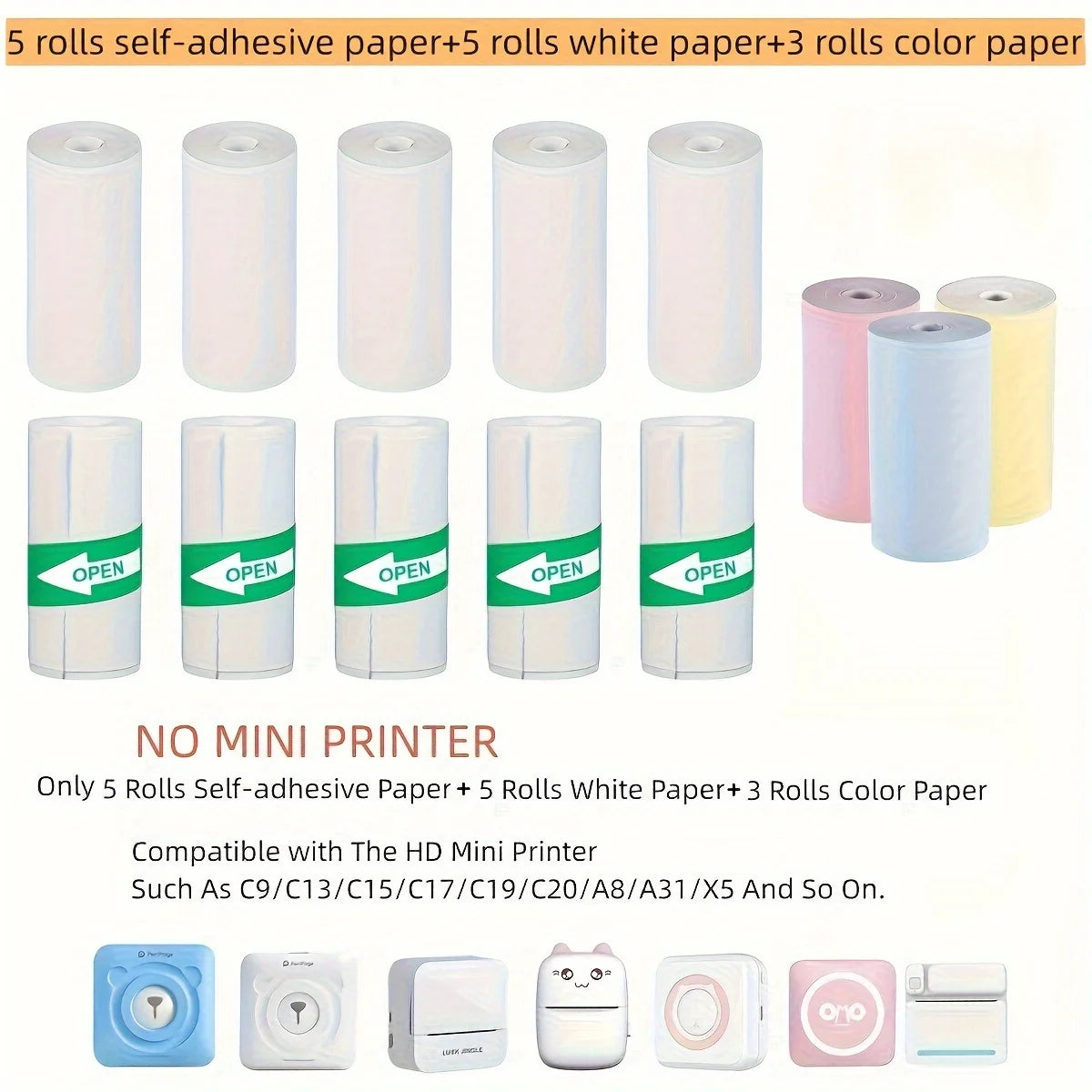Mini Sticker Printer Portable Mini Pocket Printer for Printer with 13 Roll Papers for Notes, Photos, Stickers, Labels, Receipts